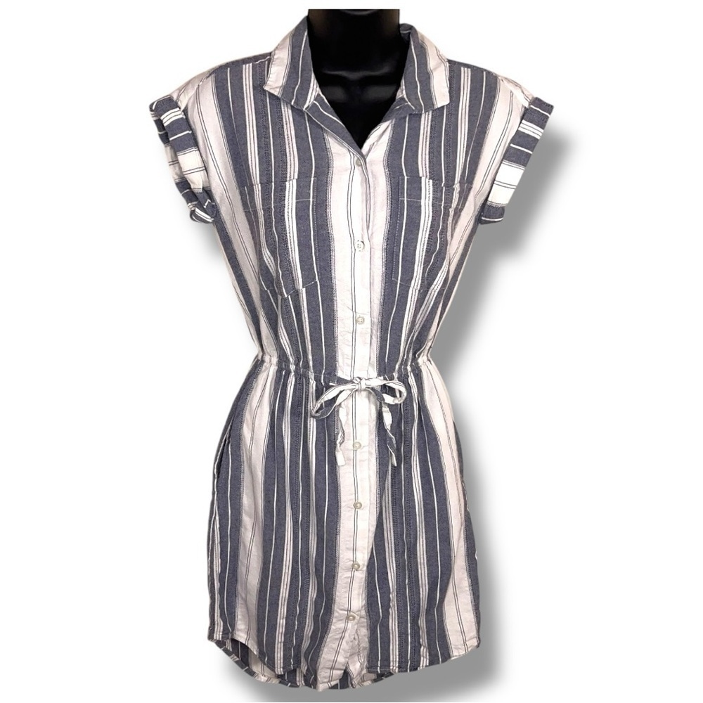 XS Japna Blue/Slate Grey Striped Dress Retro Short Sleeve Button Front Cotton